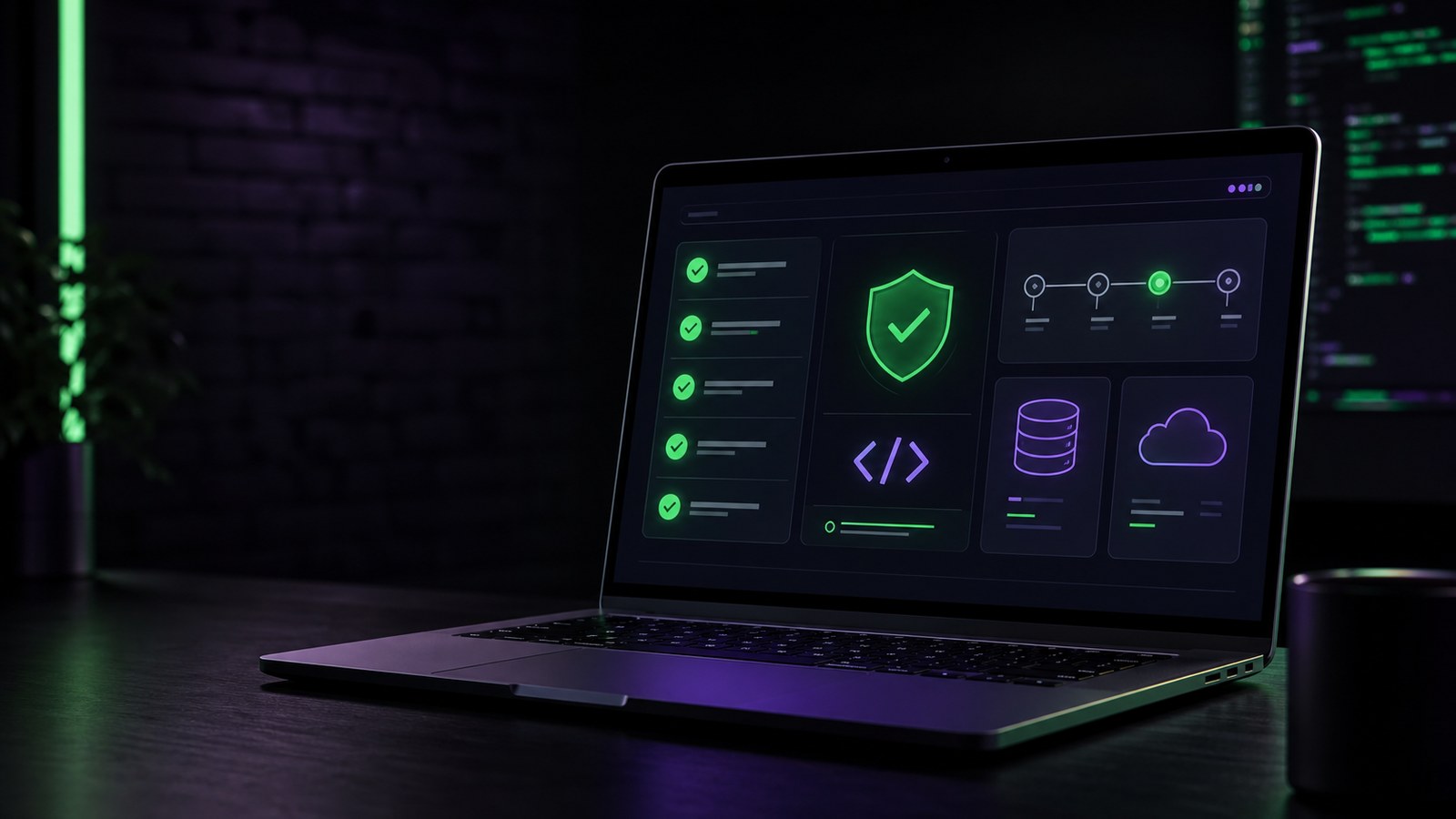 Dark developer laptop showing an application launch checklist, security shield, code, database, and cloud checks