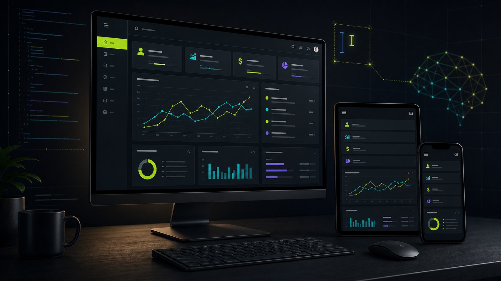 Dark responsive admin dashboard displayed across desktop, tablet, and mobile layouts