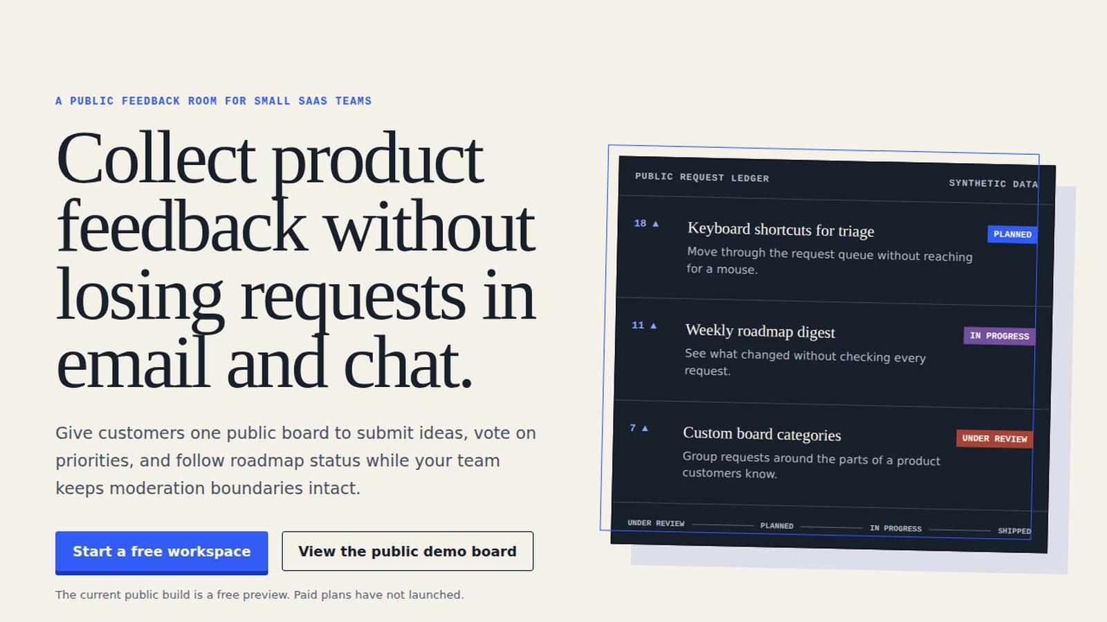 SignalRoom SaaS landing page with a customer-feedback headline, public request ledger, and workspace calls to action