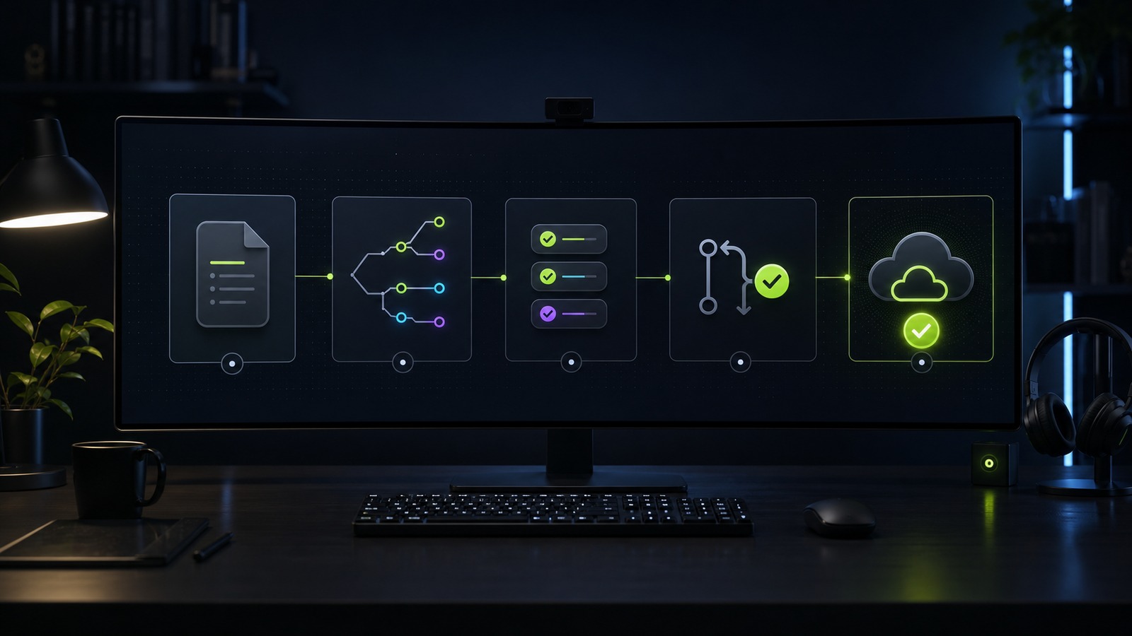 Vibe coding workflow moving from a written task brief through code review, tests, pull request approval, and deployment